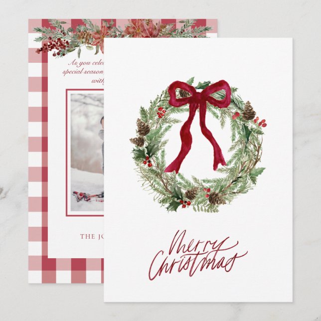 Cartes Pour Fêtes Annuelles Rouge blanc chèque plaid Noël Werath Bow Photo (Devant / Derrière)