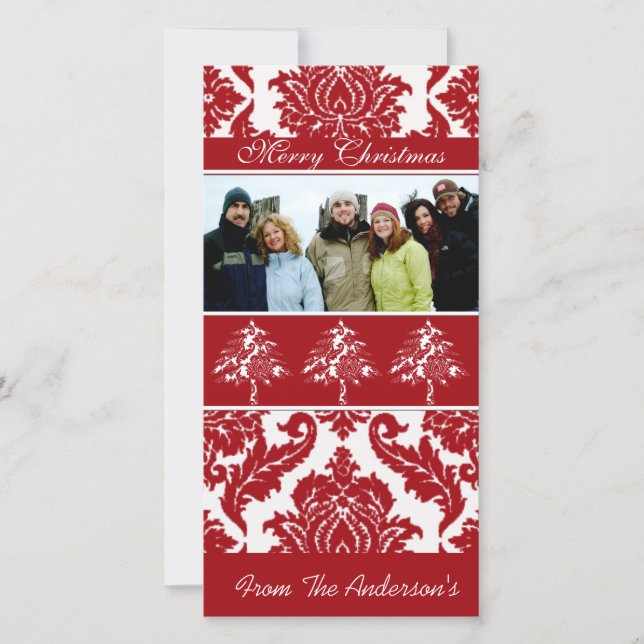 Cartes Pour Fêtes Annuelles Rouge & Blanc Damask Pine Holiday Photos de famill (Devant)