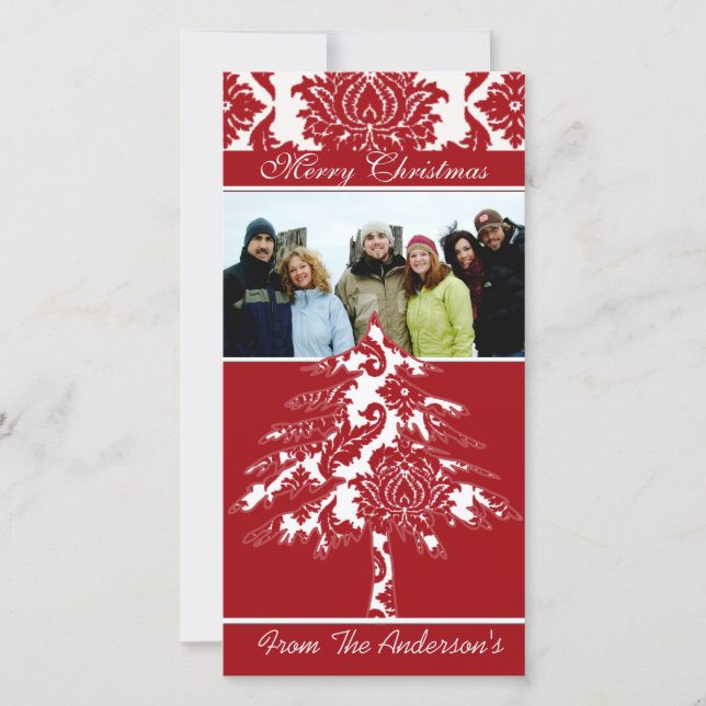 Cartes Pour Fêtes Annuelles Rouge & Blanc Damask Pine Holiday Photos de famill (Devant)