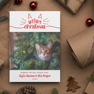 Cartes Pour Fêtes Annuelles Rouge blanc Meowy Noël - Photo de Noël de chat