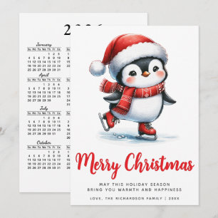 Cartes Pour Fêtes Annuelles Rouge blanc mignon patinage sur glace pingouin Joy