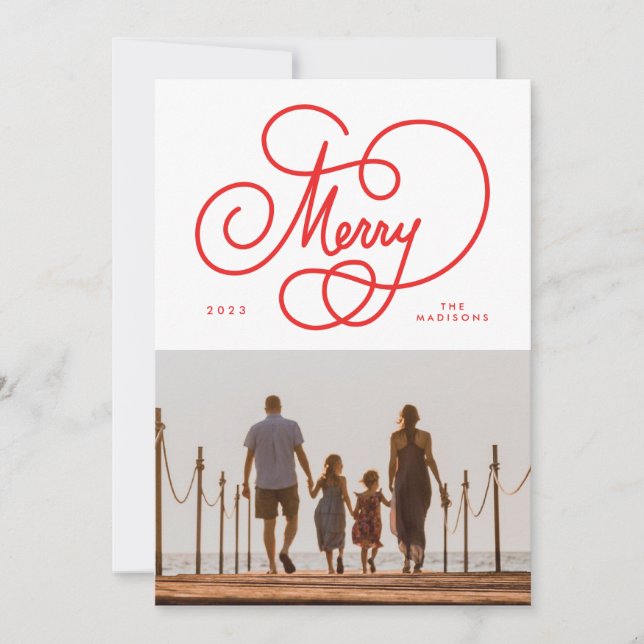Cartes Pour Fêtes Annuelles Rouge Cursive Script Joyeux Flourdissant Photo Hol (Devant)