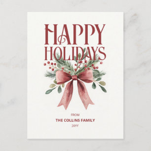 Cartes Pour Fêtes Annuelles Rouge Elegant Aquarelle Bow Rustique Joyeux Vacanc