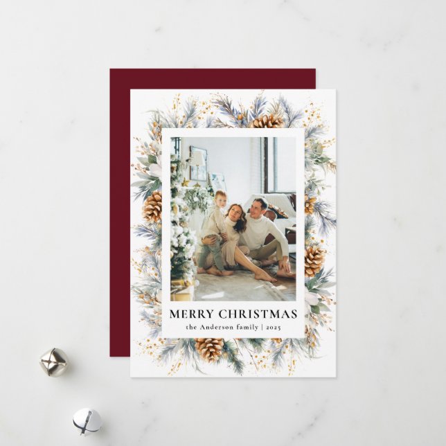Cartes Pour Fêtes Annuelles Rouge Elégant Botanique Contemporain Noël (Devant/Arrière en situation)