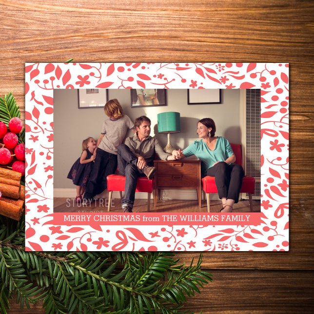 Cartes Pour Fêtes Annuelles Rouge Élégant Foliage Holiday Photo Appartement (Red Elegant Foliage Holiday Photo Card)