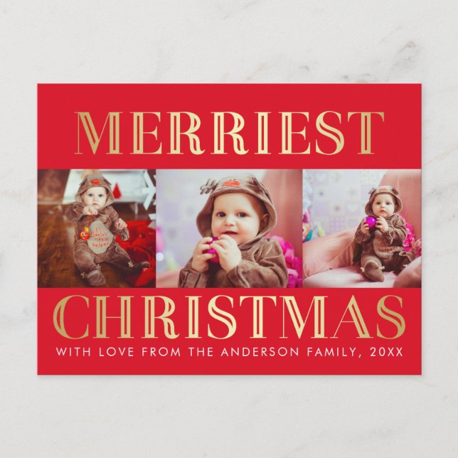 Cartes Pour Fêtes Annuelles Rouge et or | 3 Photo Noël voeux (Devant)