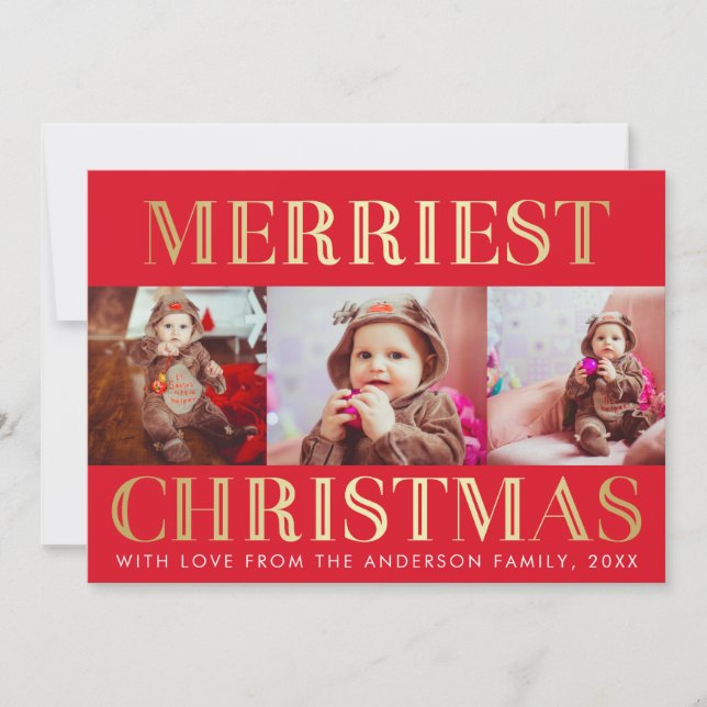 Cartes Pour Fêtes Annuelles Rouge et or | 3 Photo Noël voeux (Devant)