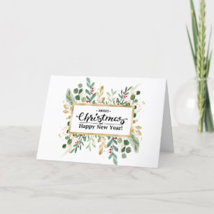 Cartes Pour Fêtes Annuelles Rouge Festif Élégant Script Gold Foliage Vert