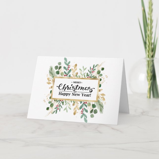 Cartes Pour Fêtes Annuelles Rouge Festif Élégant Script Gold Foliage Vert (Devant)