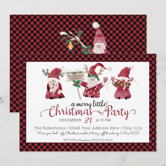 Cartes Pour Fêtes Annuelles Rouge Gnomes Aquarelle Joyeux Petite fête de Noël (Devant / Derrière)