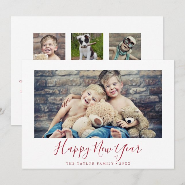 Cartes Pour Fêtes Annuelles Rouge minimal Bonne année Nouvelles de la famille  (Devant / Derrière)