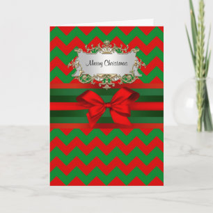Cartes Pour Fêtes Annuelles Rouge moderne Chevron vert Zig-Zag Ribbon Noël