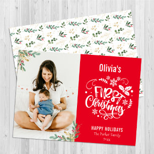 Cartes Pour Fêtes Annuelles Rouge moderne Élégant Script Baby Premier Noël