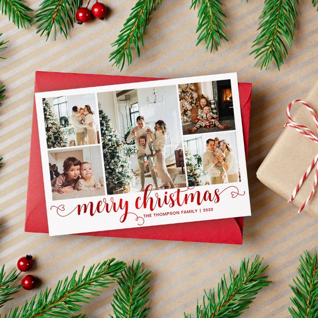 Cartes Pour Fêtes Annuelles Rouge moderne Joyeux Noël Coeur Script 5 Photo (Créateur téléchargé)