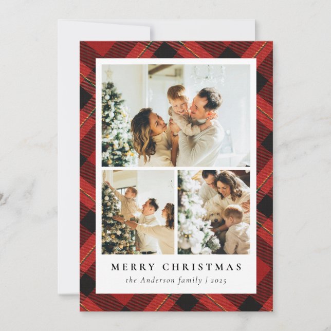 Cartes Pour Fêtes Annuelles Rouge moderne Tartan Plaid & Collage photo Noël (Devant)