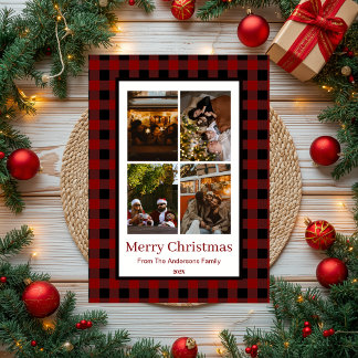 Cartes Pour Fêtes Annuelles Rouge & Noir Plaid Buffalo Famille Noël