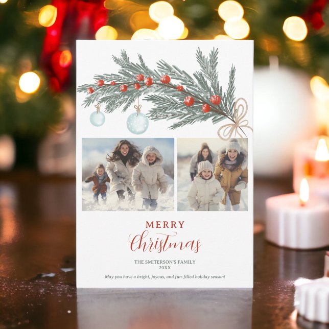 Cartes Pour Fêtes Annuelles Rouge pin vert rustique Joyeux Noël 3 photos (Rustic green pine red Merry Christmas 3 photos Holiday Card)