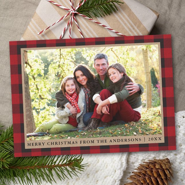 Cartes Pour Fêtes Annuelles Rouge Plaid Joyeux Noël Kraft Photo de famille (Customize text size or text style.)