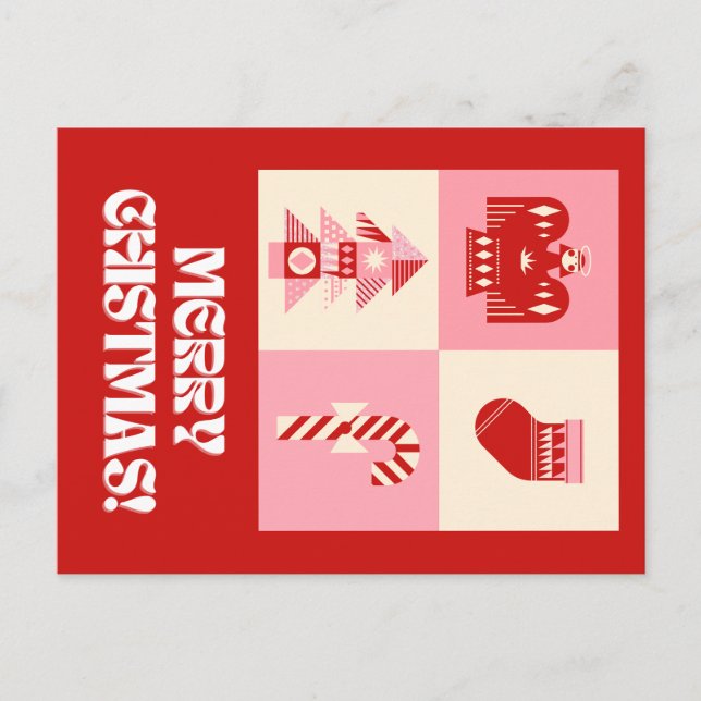Cartes Pour Fêtes Annuelles Rouge rose et beige Retro Grey Géométrique Joyeux (Devant)