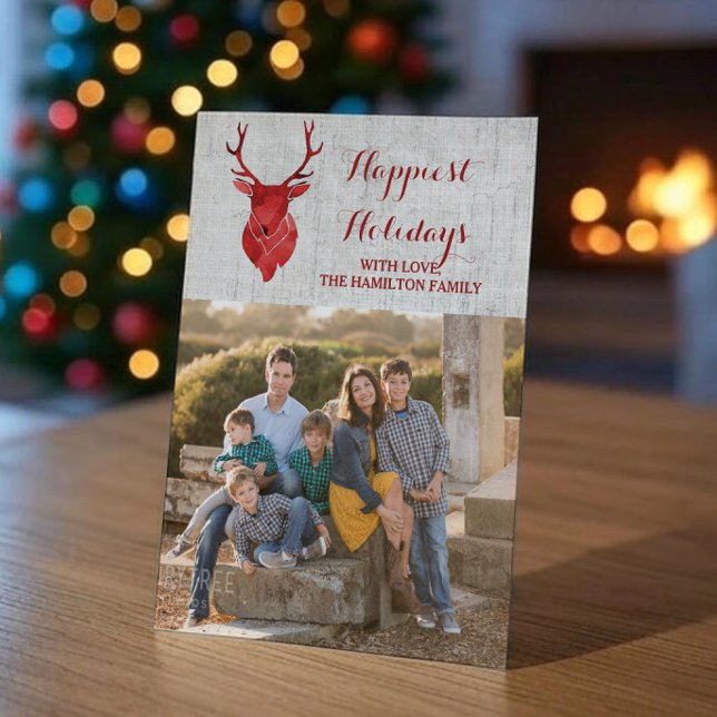 Cartes Pour Fêtes Annuelles Rouge Russe Aquarelle Cerf Vacances Photo Plat (Red Rustic Watercolor Reindeer Holiday Photo Card)