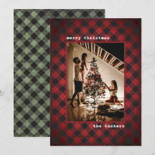 Cartes Pour Fêtes Annuelles Rouge rustique Bois vert & Photo Plaid Noël