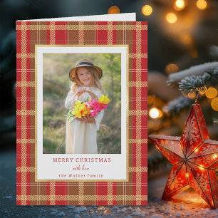 Cartes Pour Fêtes Annuelles Rouge rustique chaud & Gold Plaid Photo