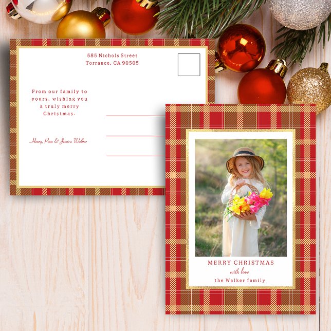 Cartes Pour Fêtes Annuelles Rouge rustique chaud & Gold Plaid Photo (Créateur téléchargé)