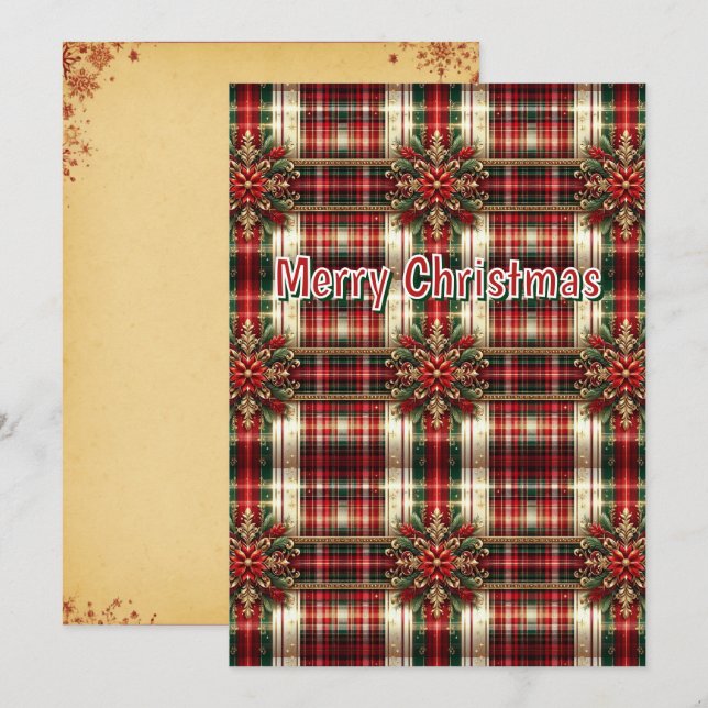 Cartes Pour Fêtes Annuelles Rouge Vert Or Personnalisé Plaid Festif  (Devant / Derrière)