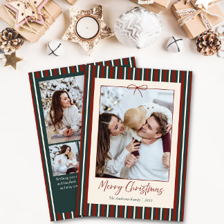 Cartes Pour Fêtes Annuelles Rouge & Vert rayé Noël 5 Photo Fêtes
