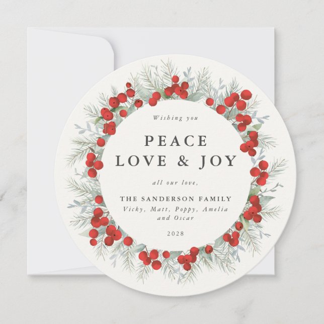 Cartes Pour Fêtes Annuelles Round Red Berries Peace Love + Joy Holiday Card (Devant)