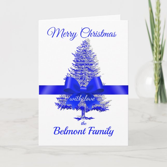 Cartes Pour Fêtes Annuelles Royal Blue Holiday Tree Ribbon Bow Nom personnalis (Devant)