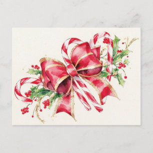 Cartes Pour Fêtes Annuelles Ruban de houx rouge canne à sucre aquarelle