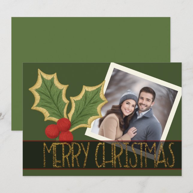 Cartes Pour Fêtes Annuelles Ruban de Noël brodé de baies de houx (Devant / Derrière)