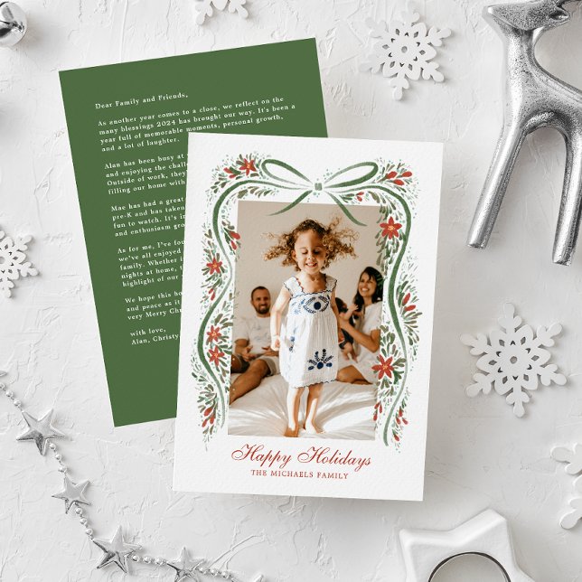 Cartes Pour Fêtes Annuelles Ruban vert festif avec Poinsettias et verdure (Créateur téléchargé)
