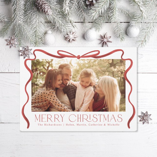 Cartes Pour Fêtes Annuelles Ruban Wavy Rouge et blanc Photo de Noël (Créateur téléchargé)