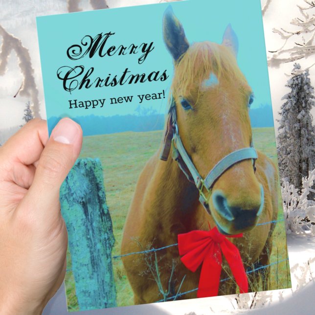 Cartes Pour Fêtes Annuelles Russe Bleu Cheval de Noël Bow Rouge (Créateur téléchargé)