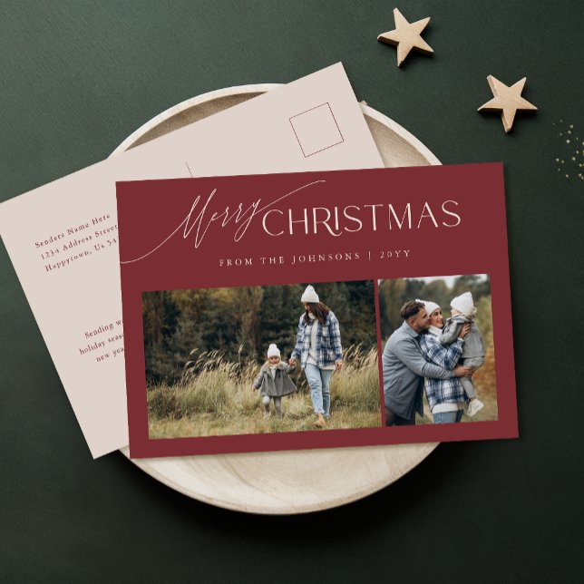 Cartes Pour Fêtes Annuelles Russe Bourgogne Moderne 2 Photo Noël (Créateur téléchargé)