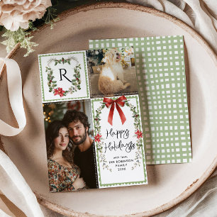 Cartes Pour Fêtes Annuelles Russe Green Monogram Bow Joyeux Noël 2 Photo