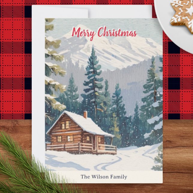 Cartes Pour Fêtes Annuelles Russe hiver neige pays Cabine Noël (A rustic personalized Christmas card with illustration of a cabin on a mountain with snow and trees)