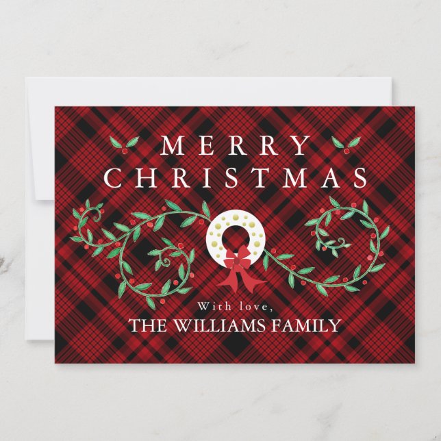 Cartes Pour Fêtes Annuelles Russe Joyeux Noël Wreath Rouge Plaid Famille (Devant)