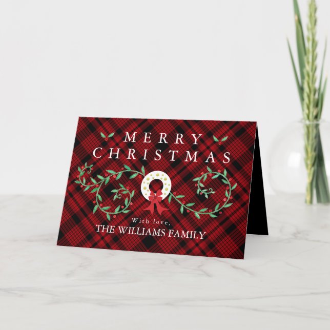 Cartes Pour Fêtes Annuelles Russe Joyeux Noël Wreath Rouge Plaid Famille (Devant)