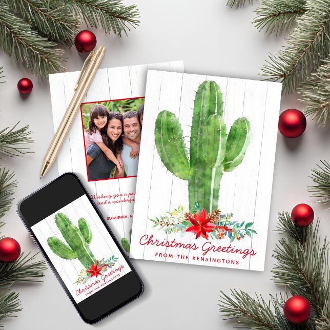Cartes Pour Fêtes Annuelles Russe Noël Cactus Bois Photo de vacances (Rustic Christmas Cactus Wood Holiday Photo Card)