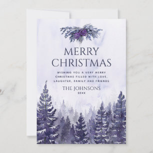 Cartes Pour Fêtes Annuelles Russe Purple Aquarelle Pine Forêt Noël