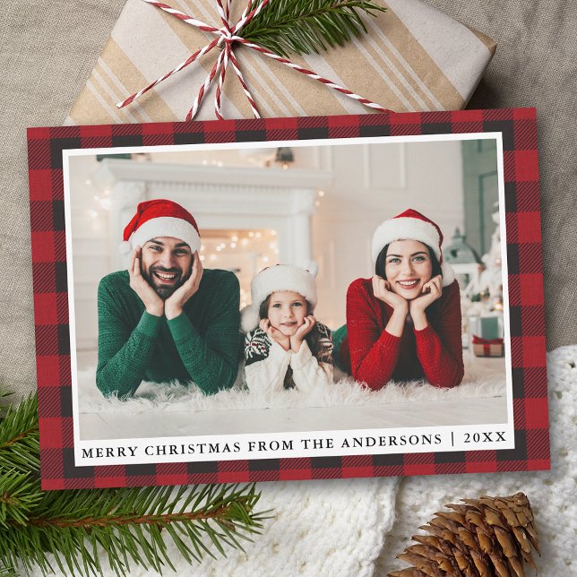 Cartes Pour Fêtes Annuelles Russe Rouge Plaid Joyeux Noël Photo de famille (Customize text size or text style.)