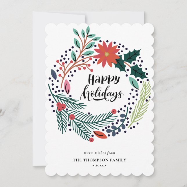 Cartes Pour Fêtes Annuelles Russe Vert Rouge Poinséttia Floral Wreath Simple (Devant)