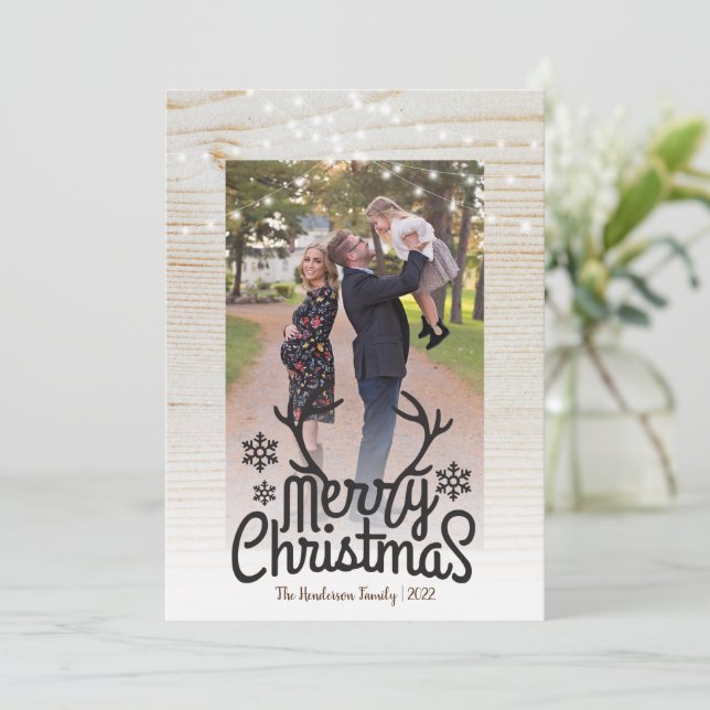 Cartes Pour Fêtes Annuelles Rustic Antlers String Light Photo Joyeux Noël (Debout devant)