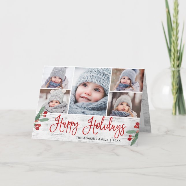 Cartes Pour Fêtes Annuelles Rustic Birch Christmas 5 PHOTOS Salutation (Devant)