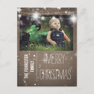 Cartes Pour Fêtes Annuelles Rustic Burlap Joyeux Noël Etoiles Photo de famille
