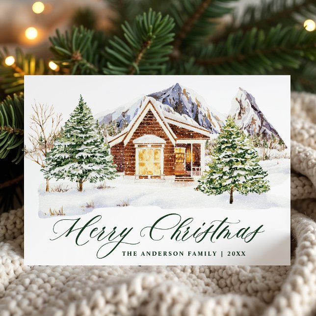 Cartes Pour Fêtes Annuelles Rustic Cabin Snowy Mountain Christmas Non-Photo (Créateur téléchargé)