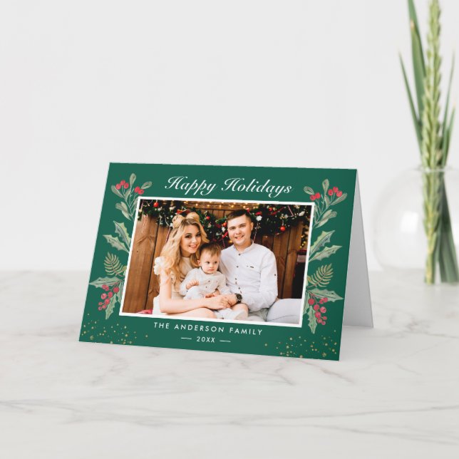 Cartes Pour Fêtes Annuelles Rustic Chic Holly Berries Happy Holidays (Devant)